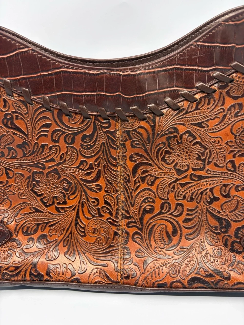 NWT Coldwater Creek Brown Floral Tooled Shoulder Bag Croc Trim Western Boho New
